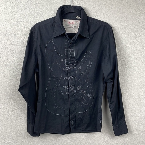 Fender Guitar Embroidered Long Sleeve Button Front Shirt Black Rocker Sz M - Picture 12 of 13